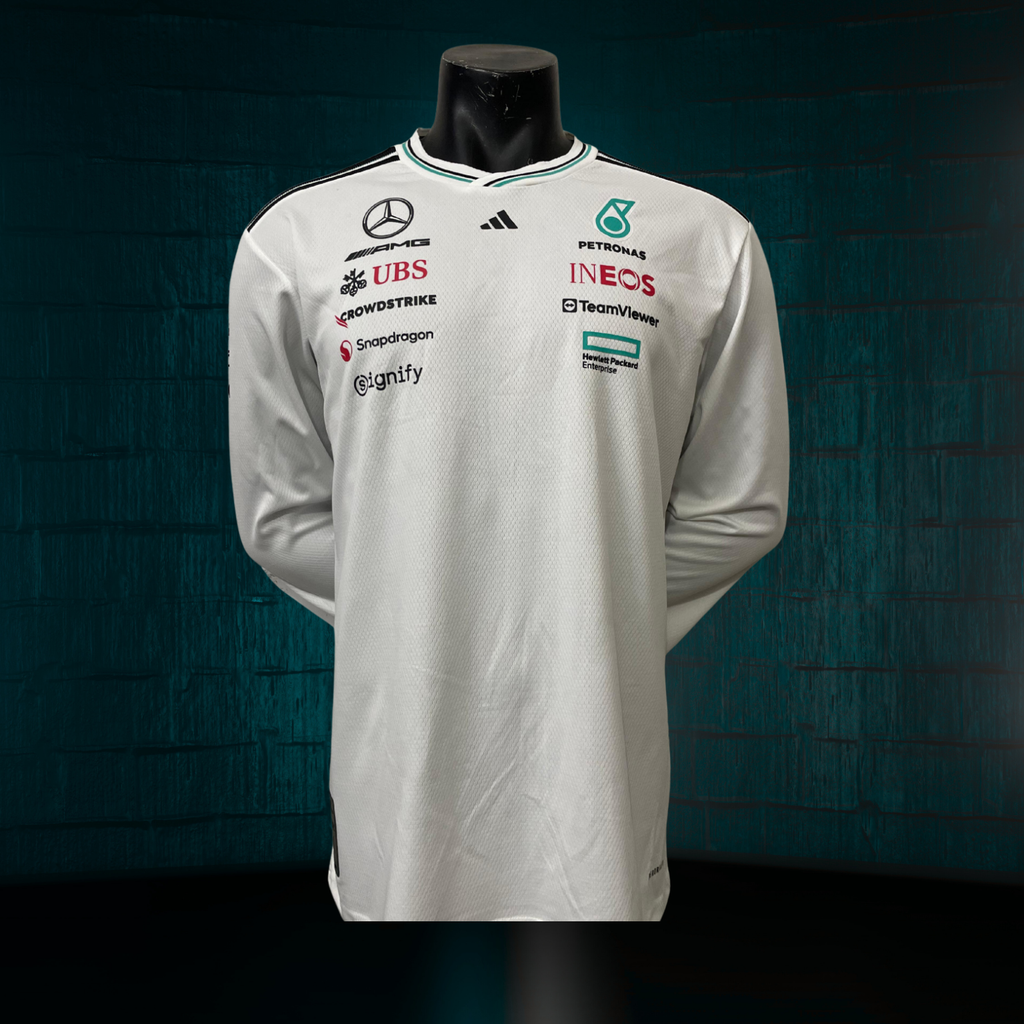 Jersey Blanca Authentic Manga Larga de Piloto del Equipo de F1 Mercedes-AMG Petronas 2025